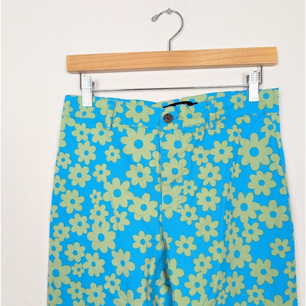 Motel Zoven Blue & Green Retro Daisy Print Flared Trousers Size M - Picture 4 of 11